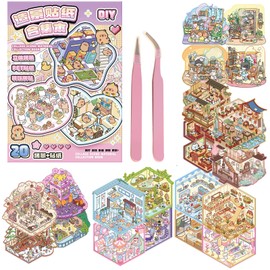 DAVBNM Sticker Therapy Store, 3D House Stickers, 3D Sticker Scene Book, Scene Stickers, with Two Tweezers, Suitable for Adults and Children DIY to Relieve Stress and Pass The Time (Casual, Pink)