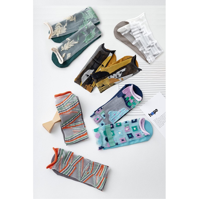 Comonsava Women's Socks, See-through Socks, Different Left and Right Patterns,