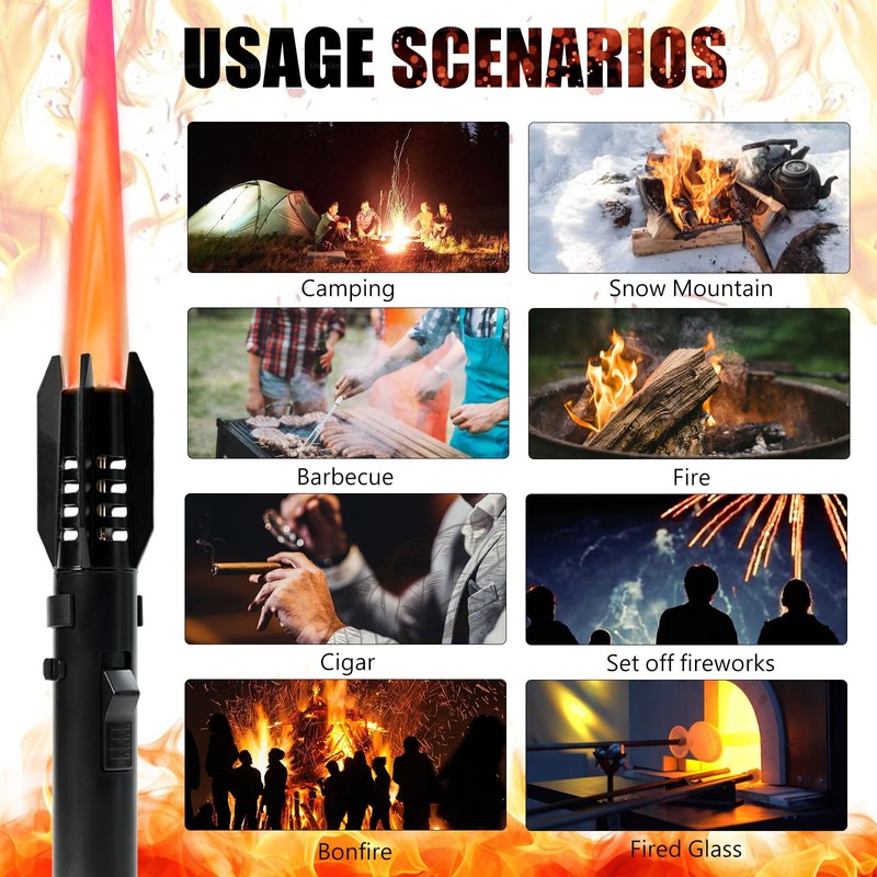 Camping Torch Lighter, Bright Fire Windproof Butane Refillable Straight Flame