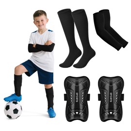 JASGOOD Kids Soccer Shin Guards and Socks with Arm Sleeves for Toddler Youth Age 4-16 Football Protection Defender Gear，Black