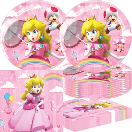 40Pcs Princess Peach Birthday Party Supplies include 20 plates, 20 napkins for the Princess Peach party decoration