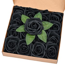 BLEUM CADE 16Pcs Artificial Flowers Fake Roses with Stems, Black Boxed Foam Roses for DIY Bouquets Centerpieces Wedding Party Arrangement Bridal Shower Decor