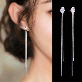 Allereya Vintage Crystal Long Earrings Rhinestone Tassel Chain Earrings Wedding Earrings Silver Full CZ Chain Earrings Sparkling CZ Stud Earrings Jewellery for Women and Girls, Zinc, No Gemstone