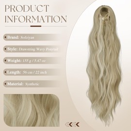 Sofeiyan Ponytail Hairpiece with Drawstring, 56 cm Long Wavy Braid Ponytail Hair Extension, Synthetic Drawstring Ponytail Extension for Women, Dark Golden Mixed Beige Blonde