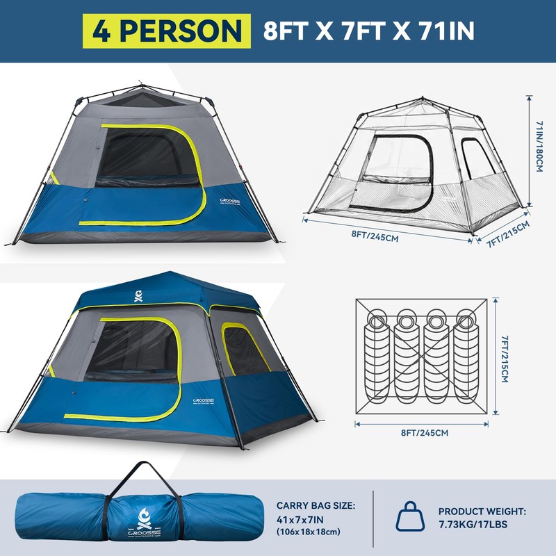 4 Person Instant Cabin Tent with Rainfly, Easy Setup Family