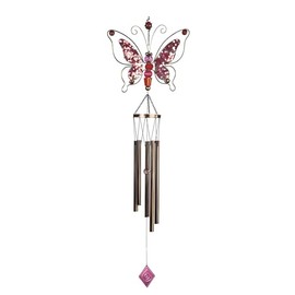ICE ARMOR 42' Long Pink Metal Wired Butterfly Wind Chime with Gem Statue Sculpture Ornament Decoration Garden Decor Ideas for Housewarming, Holidays and Birthdays Great Collectible