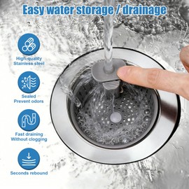 Sink Drain Strainer - Sink Stopper Drain, 3 in 1 Kitchen Stainless Steel Drain Plug with Anti-Clog Basket, Pop-Up Cover - Fit 2.75-3.15 Inch Sink Hole, Kitchen Gadgets Sink Accessories