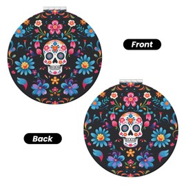 keluki Mexican Sugar Skulls Flowers Print Foldable Travel Pocket Mirror, Round PU Leather Portable Mini Makeup Mirror Double Sided Handheld Magnifying Mirror, 2.6 in