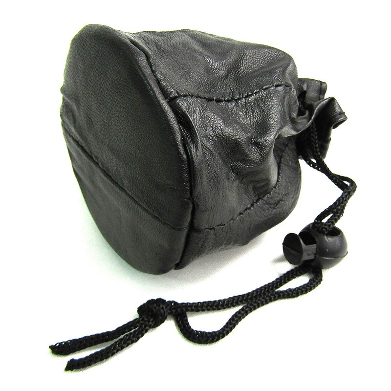 Unisex Drawstring Black Leather Pouch