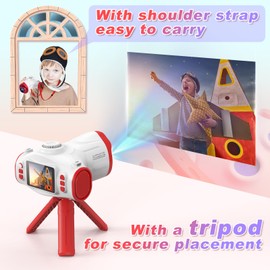 CHAKEYAKE Kinderkamera mit Projektion Funktion, 2 in 1 1080P Kinder Kamera mit Stativ, 32GB-Karte, 2500mAh Großer Akku, Fotoapparat Digitalkamera Kinder Geschenk für Kinder 3-12 Jahren（Rot）