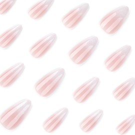 LRKNNO Glitter Nude White Press on Nails Medium Almond Fake Nails Glossy Gradient Acrylic Nails French Press on Nails with Designs Artificial False Nails Full Cover Stick on Nails for Women 24 Pcs