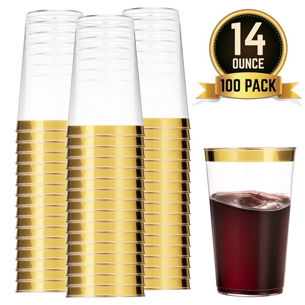 100 Gold Plastic Cups 14 Oz Clear Plastic Cups Tumblers Gold Rimmed Cups Fancy Disposable Wedding Cups Elegant Party Cups with Gold Rim