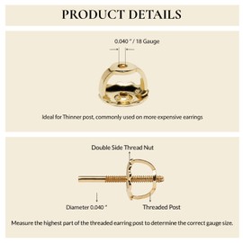 Everyday Elegance Solid 14K Yellow Gold Two Earring Back Replacement | Threaded Screw on Screw Off Hypoallergenic Earring Back | Earring Back Locking | 1 Pair | Post Size Large .040" | with Gift Box