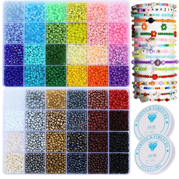 8600 pcs 4mm 6/0 48 Colors Glass Seed Beads, Charms Bracelet Jewelry Making Beads Kit Gifts Small Craft Glass Beads with Beading Elastic String for Bracelets Earrings Necklaces Making（48 Colors）