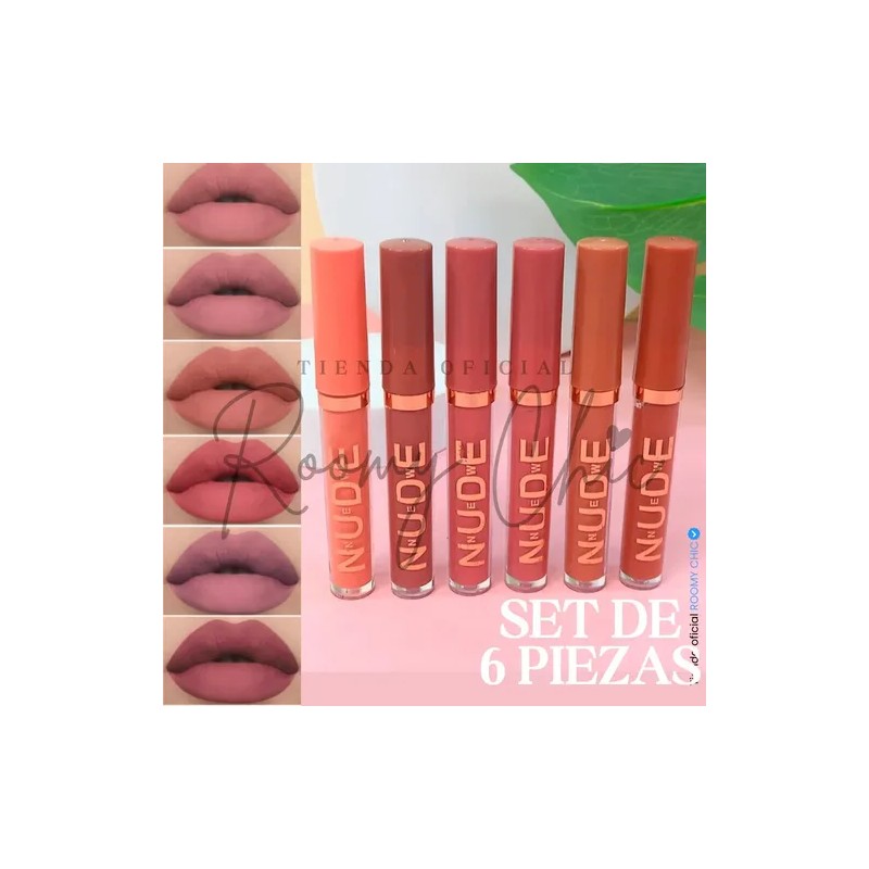 Set De 6 Labiales Tonos Matte Nude Larga Duración Waterproof