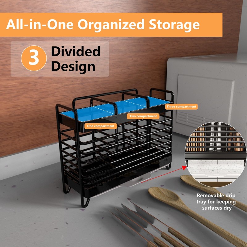 Kitchen Utensil Holder, Silverware Organizer Holder, Kitchen Counter Drainer Basket