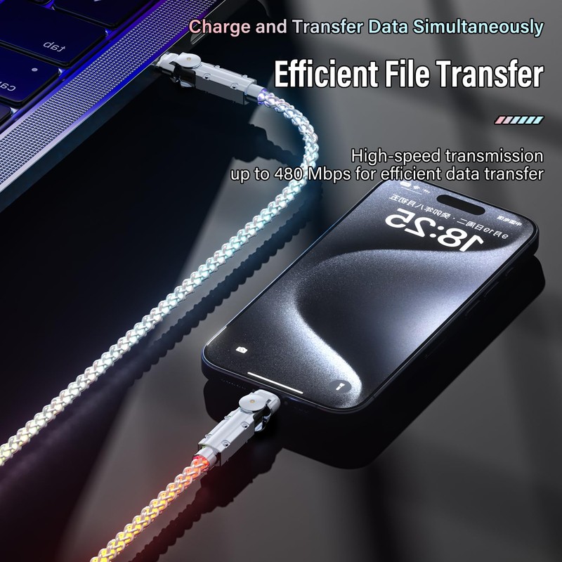 LED Light Up USB C Charging Cables 2Pack 5ft Rotating