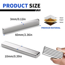 SRENMSMT Powerful Neodymium Bar Magnets, 12 Pack Rare Earth Magnets, Heavy Duty Magnets, Rectangular Magnets, Small Magnets Strong for Fridge, DIY, Garage, Kitchen, Science, Craft, Office-60x10x3mm