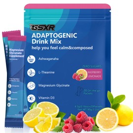 Adaptogenic Powder Drink Mix Powder, Calm Drink Mix, Magnesium Glycinate,Ksm-66 Ashwagandha,Vitamin D3, Raspberry Lemonade, Supplements for Relaxation Sleep&Focus, No Sugar, Non-GMO, 3.2 oz, 20 Srvgs