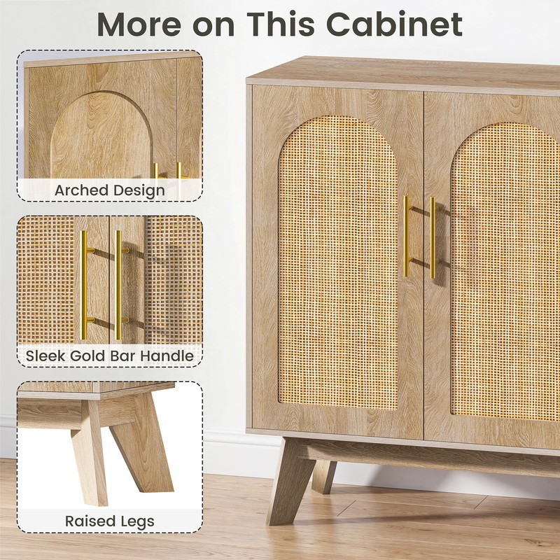 Sideboard Buffet Cabinet with Storage, Rattan Storage Cabinet with Arched