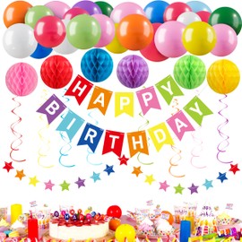 Colorful Happy Birthday Party Decorations Set for Women Girls, Pre-Strung Happy Birthday Sign Banner, Colorful Balloons, Tissue Paper Pom Poms, Star Garland, Hanging Swirls for Birthday Princess Party