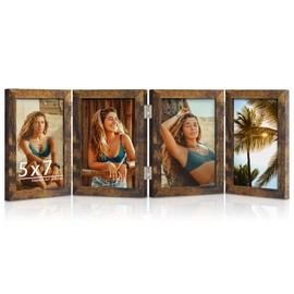 DUENPY 4 Folding 5x7 Picture Frame Horizontal Engineered Wood Accordion Photo Frame with Plexiglass Tabletop Bookshelf Display Brown