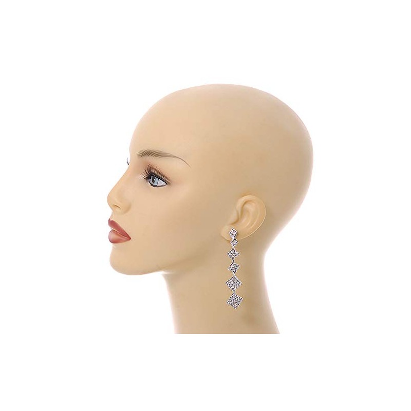 Statement Clear Crystal Graduated Square Clip On Earrings/Silver Tone Metal/70mm