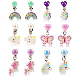 Mikovivi 6 Pairs Colorful Clip on Drop Earrings, Resin No Pierced Design Kids Earrings Cute Unicorn Rainbow Butterfly White Clouds Dress Up Eardrop Stud Jewelry for Party Daily Wearing