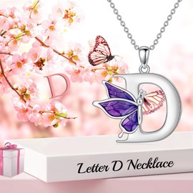LONAGO Initial Necklace for Women 925 Sterling Silver Purple Butterfly with A-Z 26 Letters Pendant Necklace for Graduation Gifts, Sterling Silver, No Gemstone