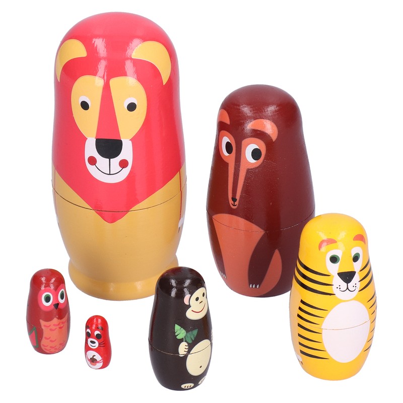 6Pcs Russian Nesting Dolls Kit Wooden Cartoon Animal Pattern Ornament
