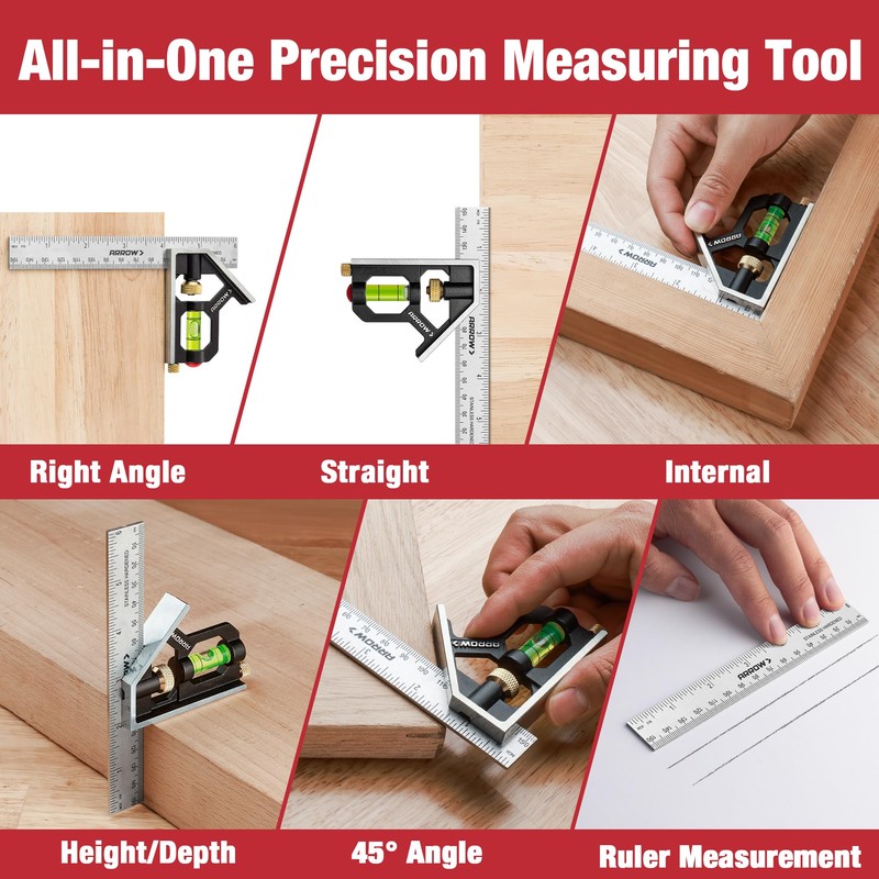 Arrow Combination Square, 6-Inch Combo Square with Stainless Steel Ruler,