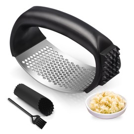 Pomyter Garlic Press Rocker, Stainless Steel Garlic Mincer and Garlic Crusher, Easy-Squeeze Garlic Tool with Peeler and Cleaning Brush for Smashing Garlic