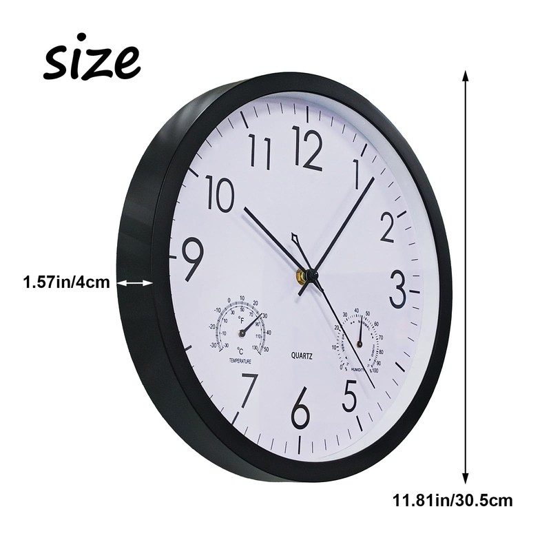 Chedin Round Quartz Wall Clock without Ticking, Weatherproof with Thermometer