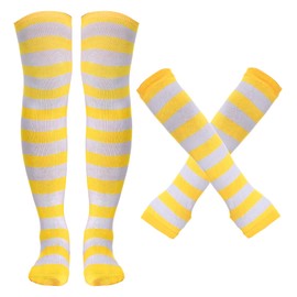 Tongcloud Women's Striped Knee High Socks, Over Knee Thigh High Socks, Arm Warmer and Fingerless Gloves Set (US, Alpha, One Size, Regular, Regular, White and Yellow)
