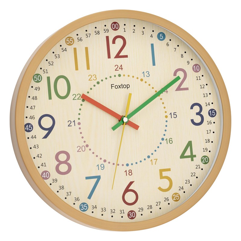 Foxtop Kids Wall Clock, Learning Clock Without Ticking Noises,12 Inch