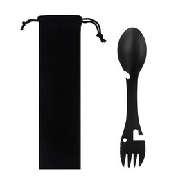 Utility Camping Spork Functional Spork Stainless Steel Spork Outdoor Spoon Fork Bottle Can Opener High Functionality 1 Design for Travel Eating Tool Easy to Store + Cloth Case (Black) (1)