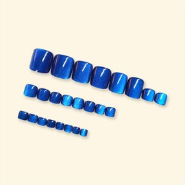 Blue Press on Toenails Cat Eye Acrylic Toe Nails Short Square Fake Toe Nails Shiny Glossy False Toenails Nature Press on Toe Nails Full Cover Artificial Toe Nails for Women Girls Manicure 24 Pcs