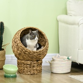 PawHut Handwoven Elevated Cat Bed with Soft Cushion & Egg Chair Shape, Basket Bed Kitty House with Stand, Raised Wicker House for Indoor Cats, 20" H, Brown