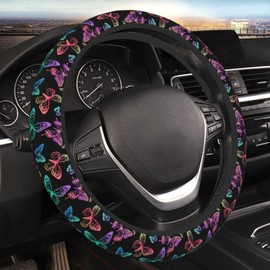 Funda para volante de mariposa de moda, color morado para mujeres, hombres y niñas, accesorios de automóvil, decoración antideslizante, de neopreno, para volante de automóvil, protector universal de 15 pulgadas