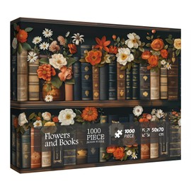 Vintage Books Flower Puzzles for Adults 1000 Pieces, Beautiful Bookshelf Floral Jigsaw Puzzles, Art Challenging Plant Wildflower Puzzle