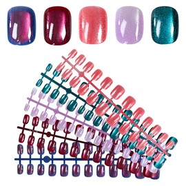 Cat Eye Press on Nails Short 5 Styles, Coolnail 132Pcs Salon-Like Fake Nails with Glitter Galaxy Chasing Light Cat Eye Designs, Xmas Artificial Acrylic Nails Gel Glue on Stick on Nails for Women