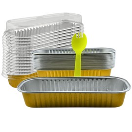 SISNOX 50 Packs of Disposable Mini Loaf Pans with Lids and Spoons, Rectangular Aluminum Foil Mini Baking Pans for Small Cakes, Cookie, Muffins, Tins Bread & Brownies (Golden)