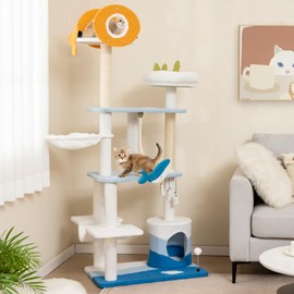 Tangkula Ocean-Themed Cat Tree, 3-Level Cat Tower with Sisal Scratching Posts, Condo, Perch, Hammock, Dangling Toys, Spring Ball, Sisal Rope, Cute Cat Activity Center for Indoor Cats (66 Inch)