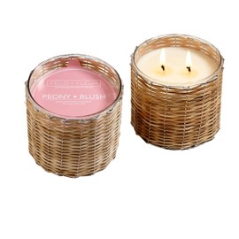 Field + Fleur by Hillhouse Naturals Peony Blush 2 Wick Woven Glass Candle – Sandalwood and Pink Peppercorn Balance Nicely with Rose Blooms and Jasmine- 100% Soy Wax Blend – Burn time 75+ Hours