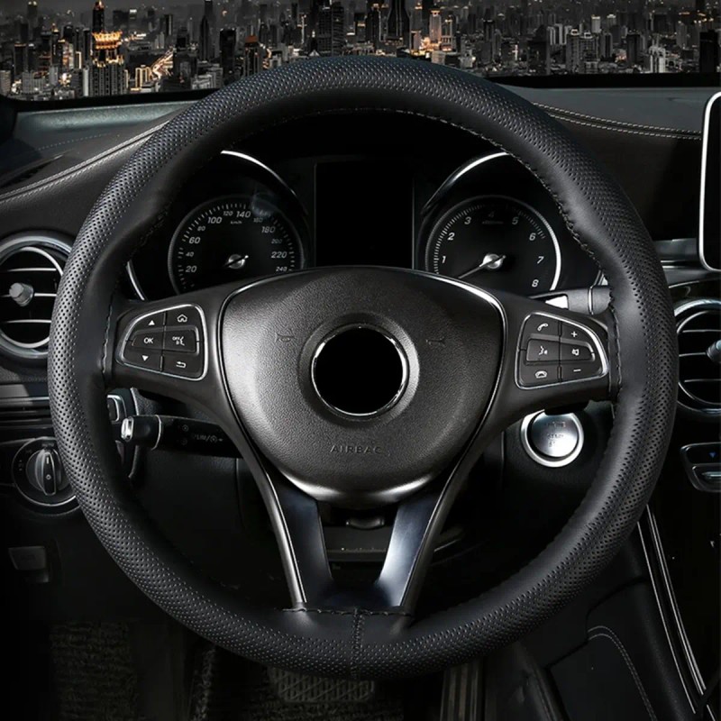 Funda Para Volante Perforada Negro Piel Genuina De 38cm