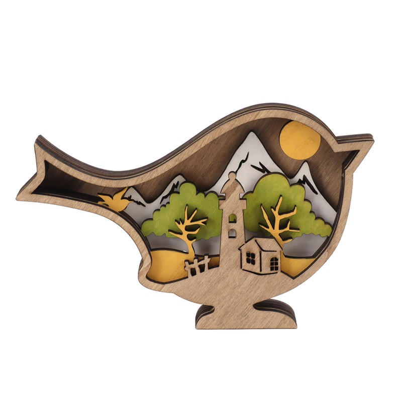 Wooden Bird Statues with Light 3D Hollow Hand Carved Birds