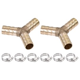 sourcing map Barb Hose Fitting 10mm OD Y Shape Pipe Connector Brass 2Pcs with 6Pcs 6-12mm Hose Clamps for Water Fuel Air