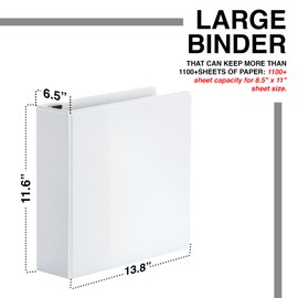 3 Ring Binders, 6 Inch D Ring Heavy Duty Large Binder with Pockets for 8.5" x 11" Sheet Size, Durable Non-Stick Customizable Clear View Cover (White)