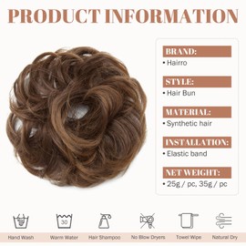 Hairro Messy Hair Bun Extensions Hair Piece Curly Wavy Scrunchies Synthetic Chignon with Elastic Rubber Band Ponytail Hairpiece for Women Hair Updo Donut for New Year Birthday Party Medium Brown to Light Auburn 25g/pc 1pc