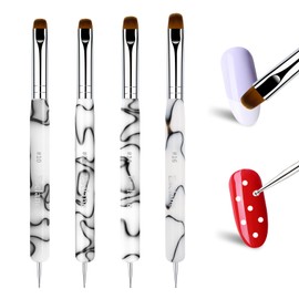 4PCS French Manicure Brush, Two Way Nail Art Brush with Dotting Tool for Cuticle Clean Up & Nail Art Design, French Nail Brush Professional Salon (White)